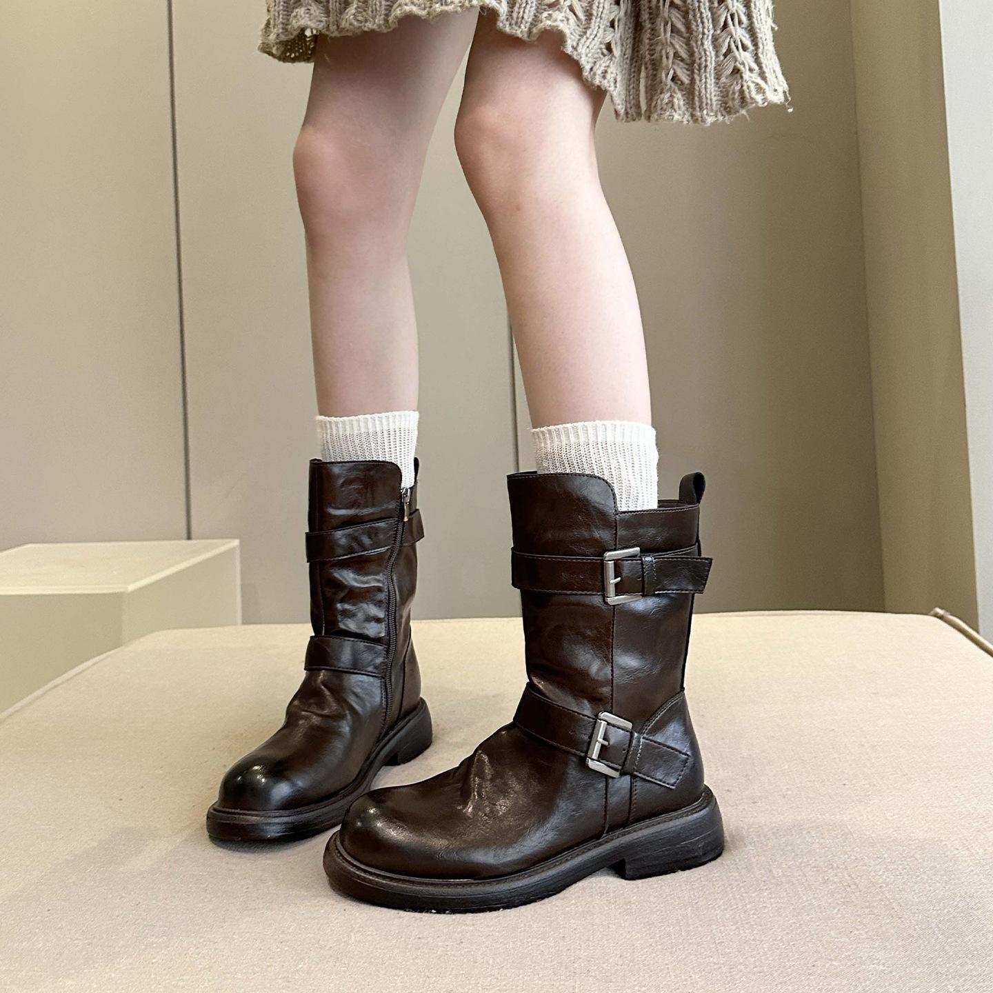 

Yueyu Versatile Knight Martin Boots Women s Pleated Pile Boots European and American style thick heel round head double belt buckle locomotive boots 40 коричневый