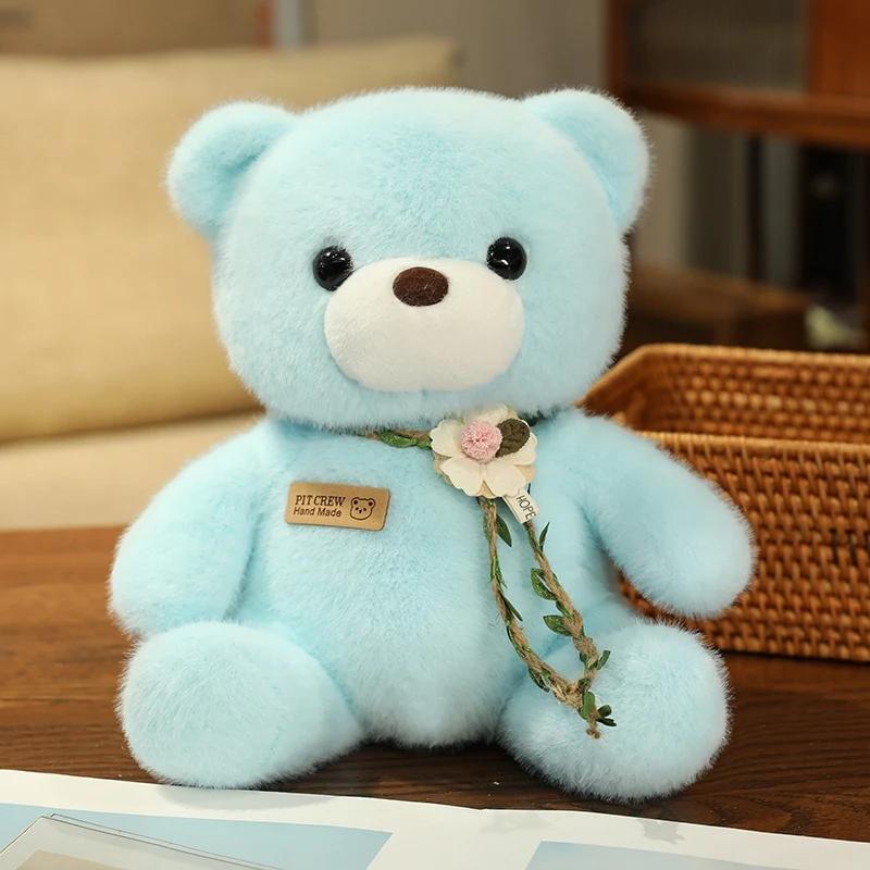 25cm Kawaii Colorful Bow Tie Bear Doll Plush Toy Stuffed Bear with Rose Animal Doll Birthday Gift Pillow for Girls Children