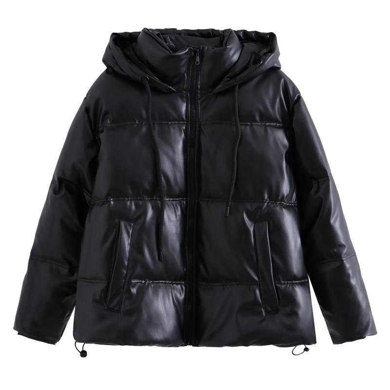 Womens Y2K Streetwear Faux Leather Hooded Puffer Jacket Warm Thick Cotton-Padded Coat Winter
