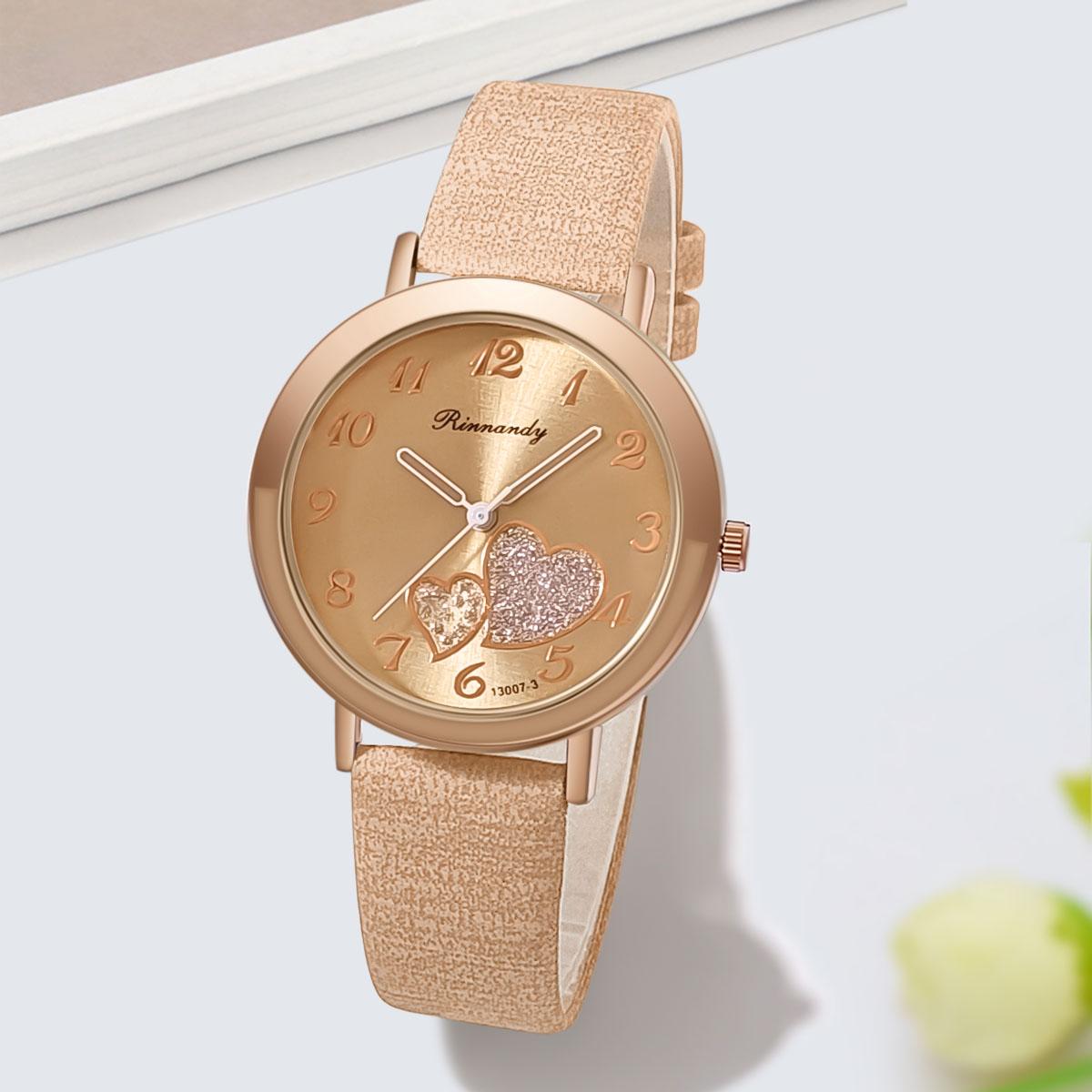 

Women Heart Quartz Wristwatch Pu Leather Watches Clock Pointer Watch бежевый