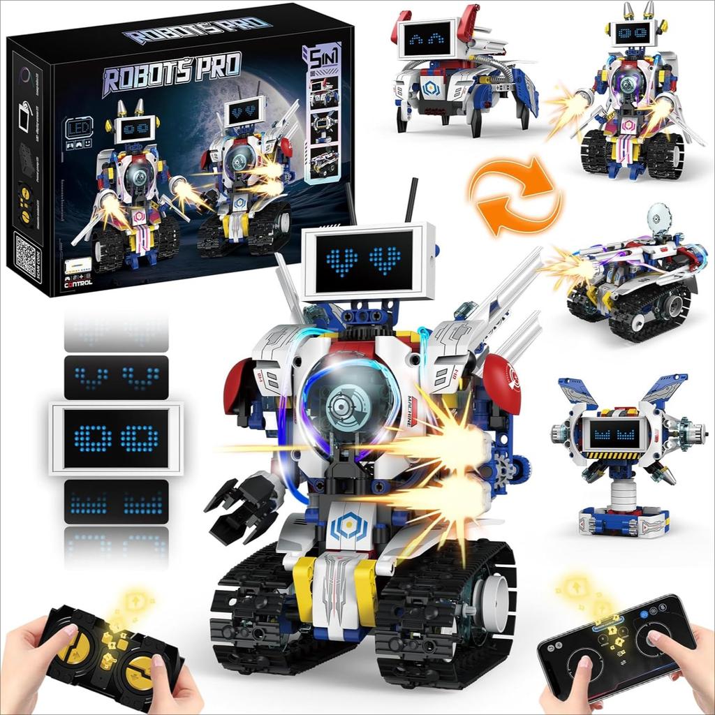 5 in 1 STEM Robot Building Toys Kit, 620Pcs DIY,APP & Remote Control Screen, Eye Coding Rechargeable, Warriors, Birthday Gifts