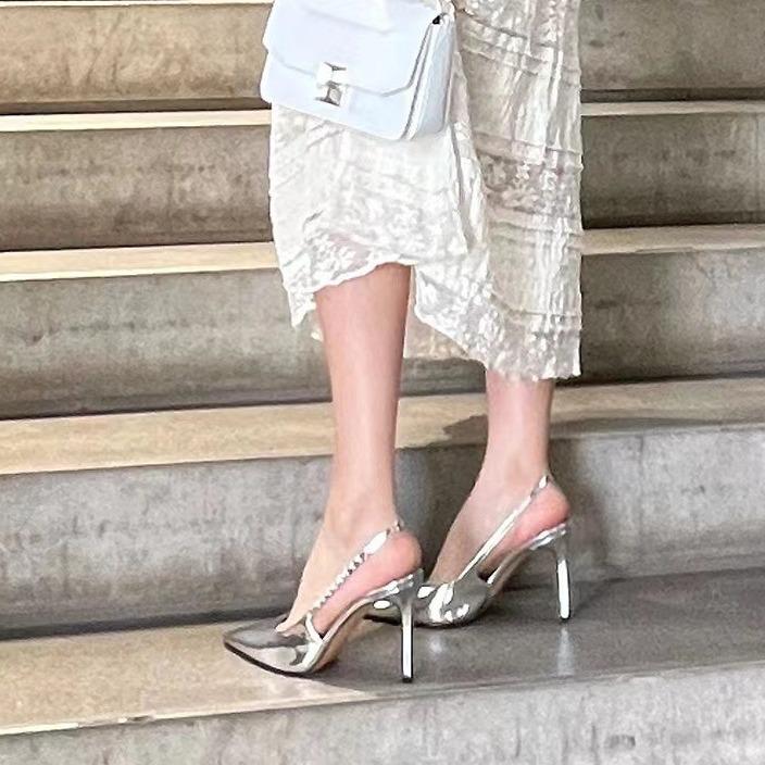 Rhinestone women's shoes temperament high heels single shoes pointed 2025 summer ins silver women's new celebrity stiletto sandals