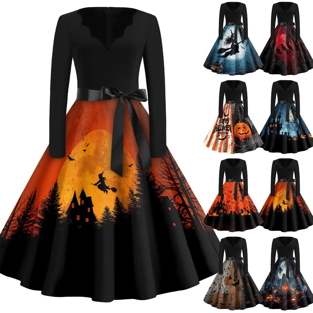 Women's Vintage Halloween Print V-Neck Dress, Casual Party Outfit for Celebrations