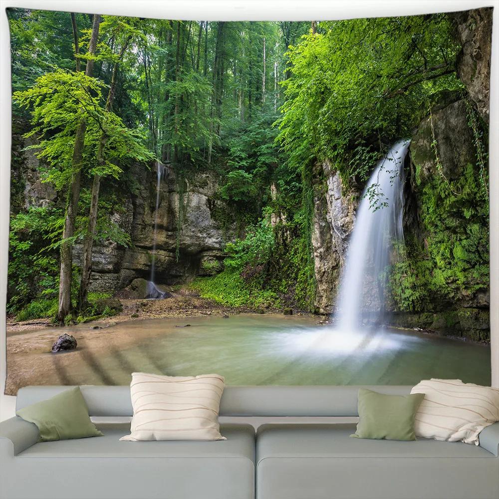 Forest Landscape Tapestry Waterfall Tropical Plants Spring Trees Nature Scenery Garden Wall Hanging Home Living Room Dorm Decor