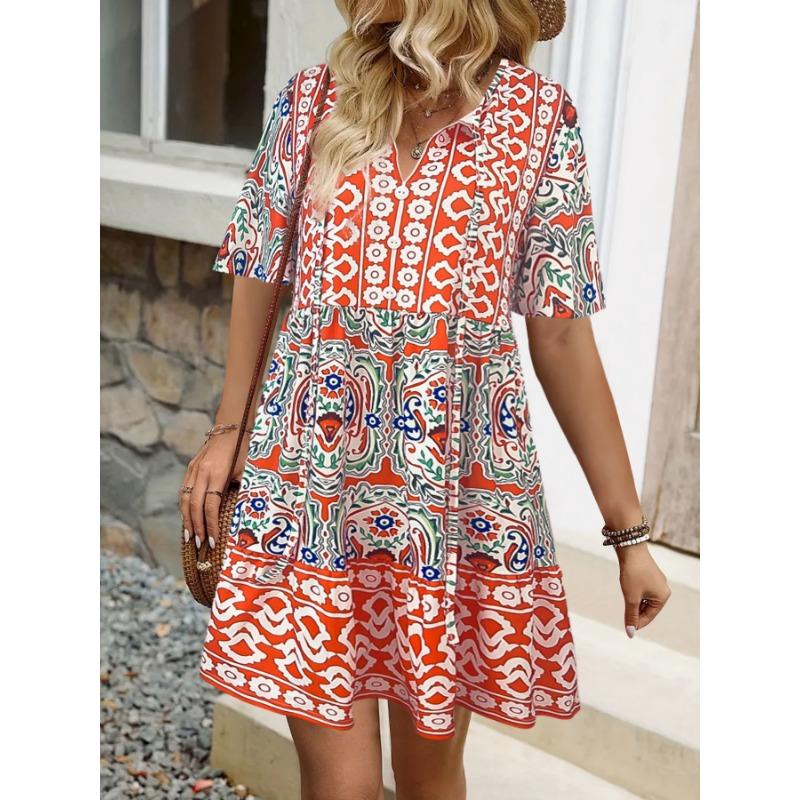 

JKASHDK Женская мода Лето Весна Однотонный принт Короткий рукав V-образный вырез Свободная талия Повседневные платья XXL оранжевый