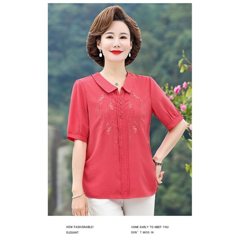 New Summer Embroidered Three-quarter Sleeve Shirt Middle-aged Mothers T-shirts, Fashionable and Light Tops