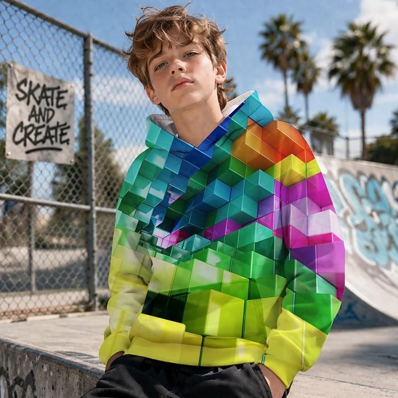 Boys Graphic Geometric Hoodie Pullover Long Sleeve Summer Spring Sports Fashion Kids Hooded Casual Daily Outdoor 110