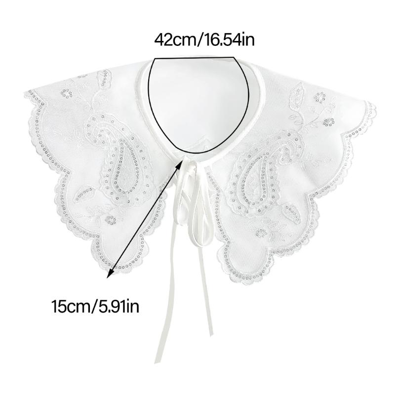 Elegant White Embroidered Flower Detachable Collar for Women Fashionable Sequins Embellished Mesh Shawl Wrap Capelet