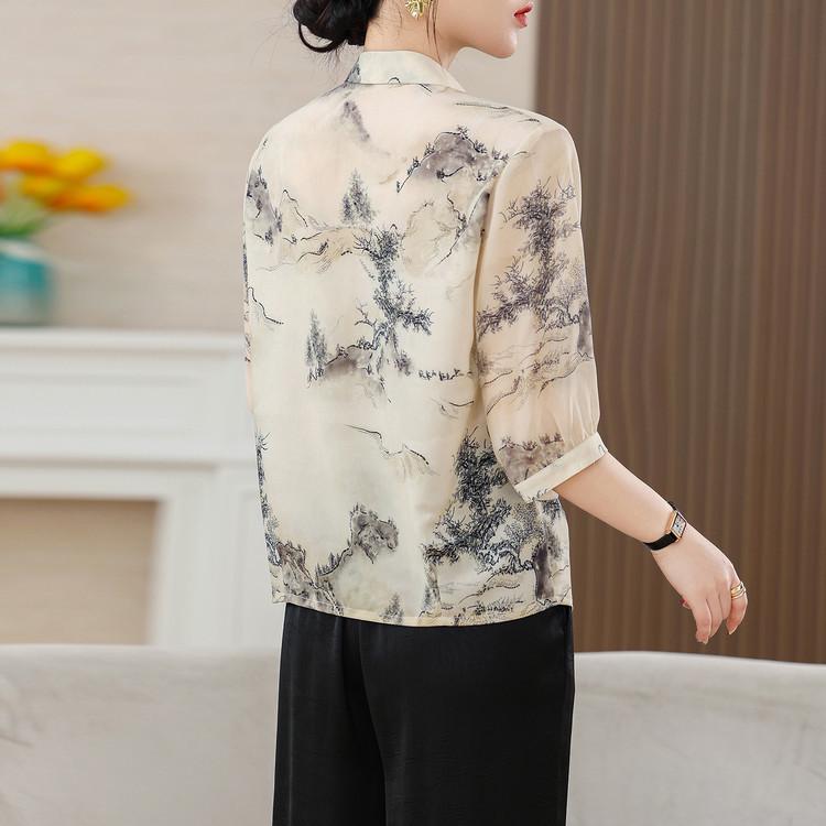 2026 Summer Seven-Sleeve Printed Imitation Silk Lapel Shirt for Women