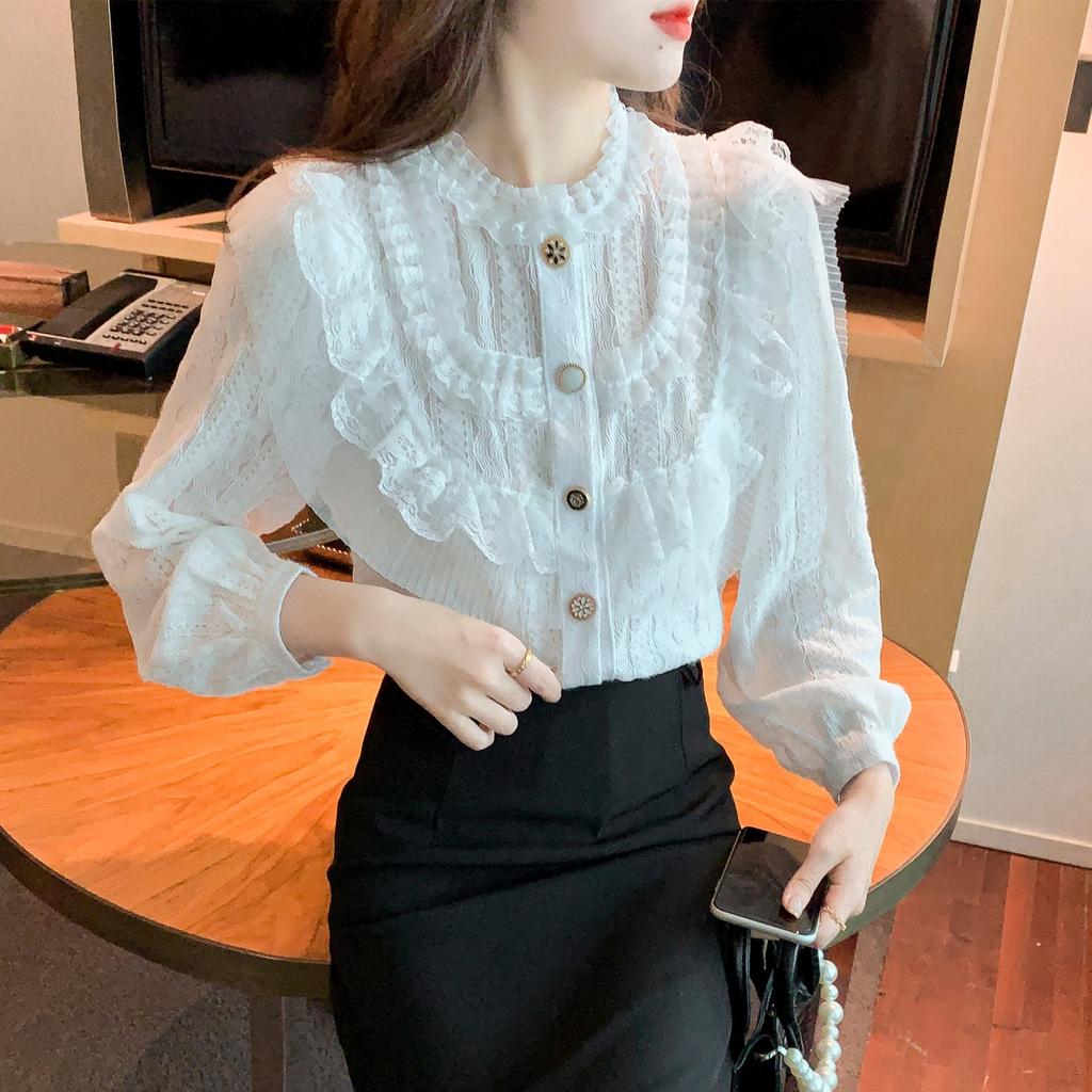 Fashionable Velvet Thickened Lace Base Shirt for Women In Autumn and Winter, New Stand-up Collar Top, Beautiful Chiffon Shirt
