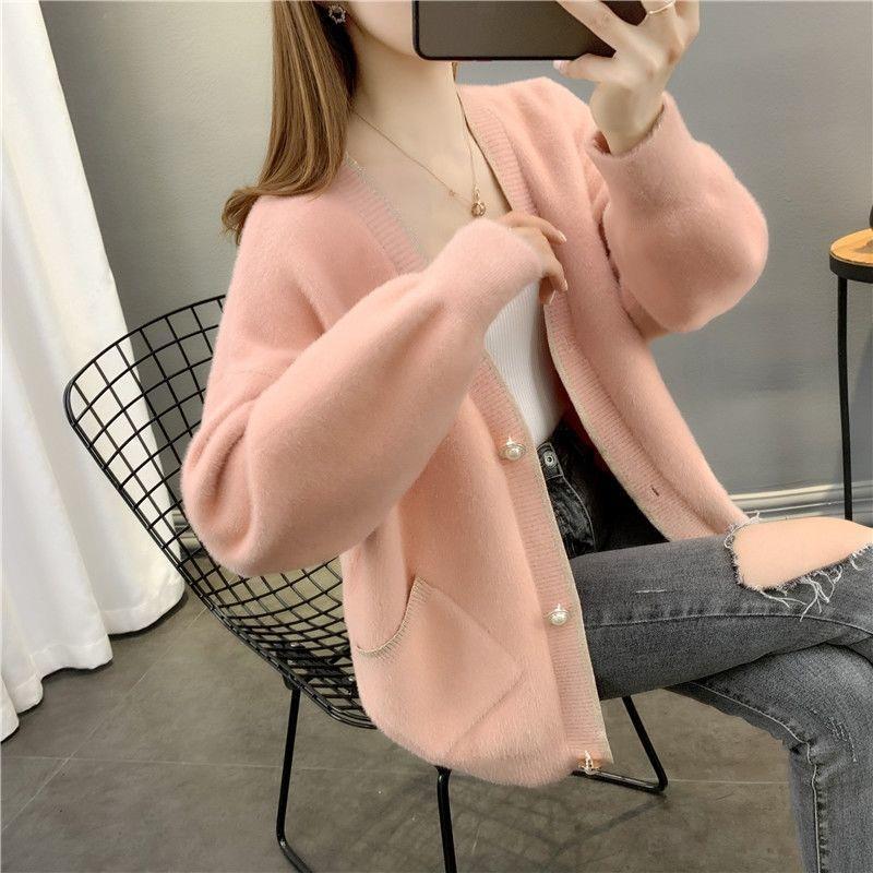 New Autumn and Winter Clothing Solid Color Imitation Mink Fleece Sweater Cardigan Women's Loose Versatile Knitted Top Jacket Women
