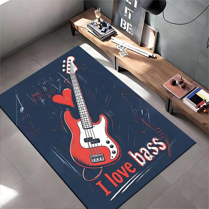 "I Love Bass Guitar Pattern Carpet with Red Guitar On Dark Background" Suitable for Use As an Anti-slip for Living Room Bedroom Sofas