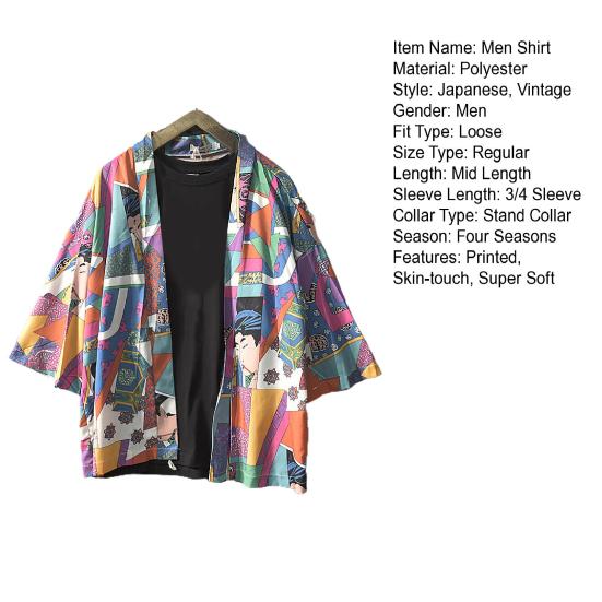 Pánská košile v čínském stylu Potisk 3/4 rukáv Uvolněný střih Streetwear Japonský límeček s volným stojáčkem Kimono Top pánské oblečení