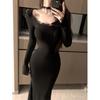 Pure lace splicing long-sleeved dress women's autumn slim-fitting inner skirt gray waist fishtail hip-wrapped long dress