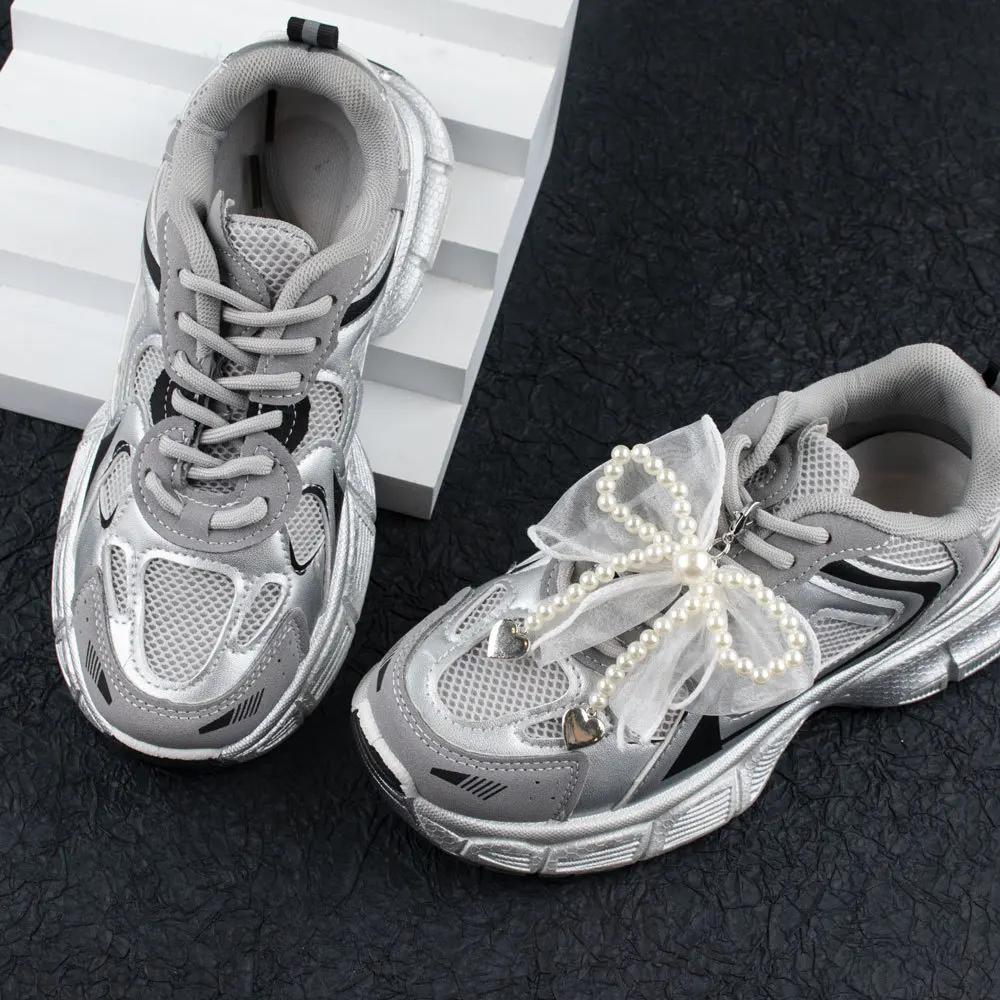 NEW Pearl Bow Shoe Charm Accessories Shoe Laces Charms for Sneakers Decorative Silk Ribbon Metal Pendant Shoe Decorations 1Pcs
