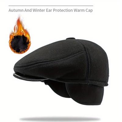 1 Pc Warm Winter Caps for Men Solid Black Grey Ivy Newsboy Flat Cap Male 5 Panels Beret Hat with Ear Flaps Bere