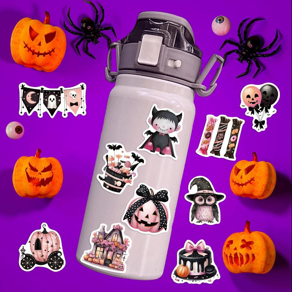 50pcs Black Pink Halloween Graffiti Cartoon Stickers for Guitar, Notebook, Luggage, DIY, Waterproof Decoration.