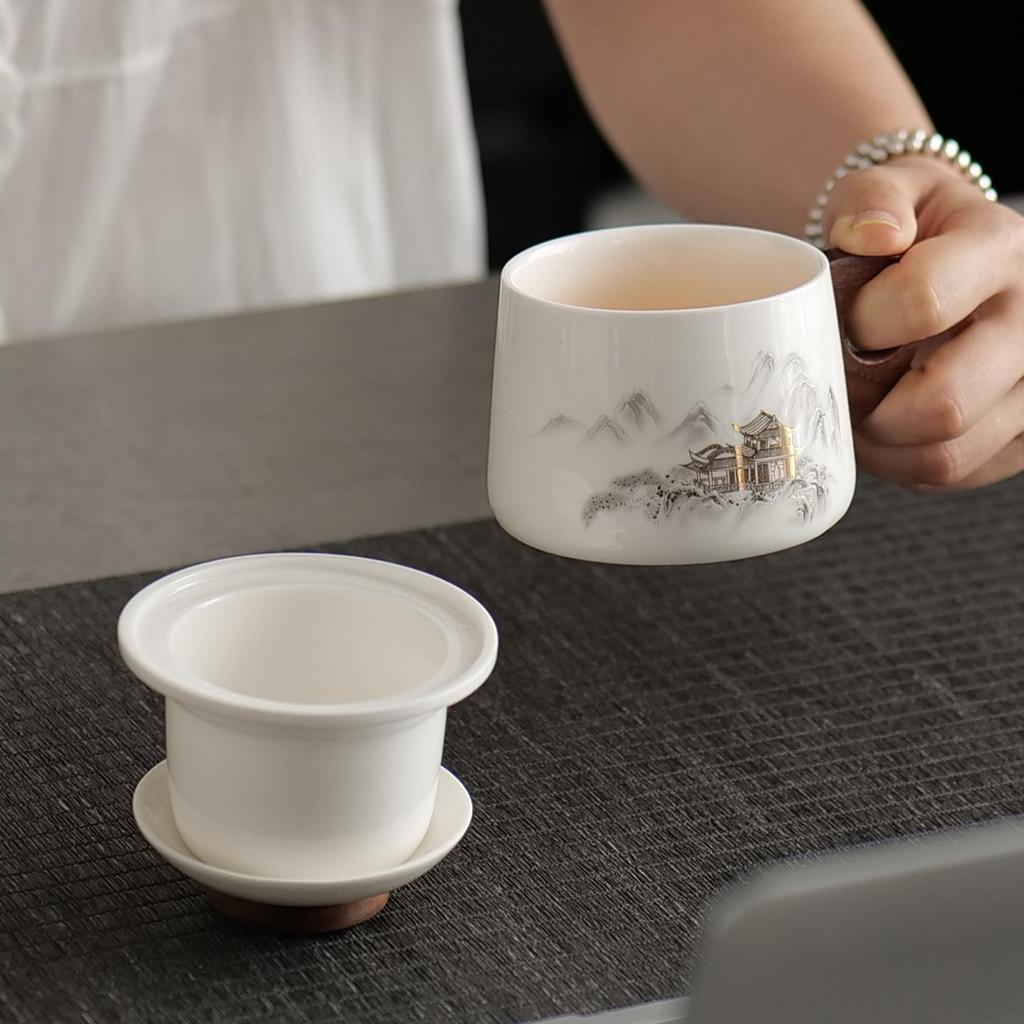 Dehua White Porcelain Tea & Coffee Mug with Lid - Ceramic Cup for Tea & Water Separation, Ideal for Office & Personal Use.