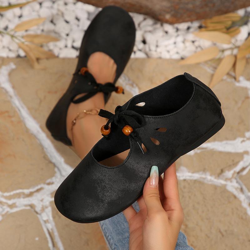 Women's French Vintage Beaded Lace-Up Flats - Hollow Out Design Soft Leather Slip-Ons for Spring/Fall, Delicate Comfort Shoes
