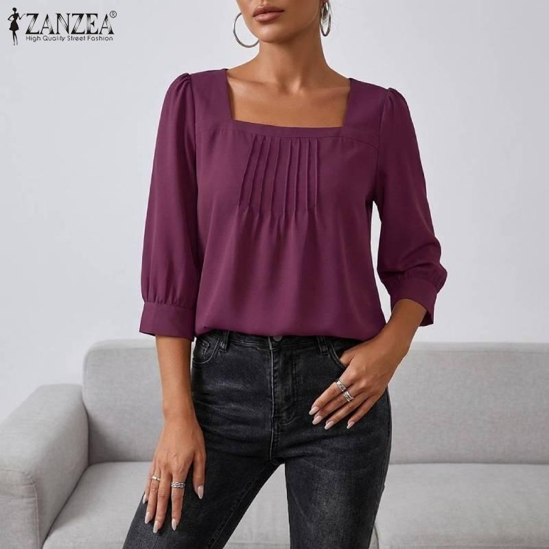 ZANZEA Dames Vierkante Hals Zomer Casual 3/4 Mouw Effen Blouse