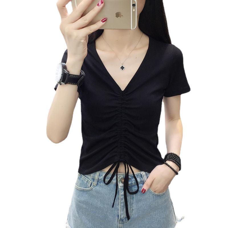 V-Neck Short Sleeve Slimming Drawstring Top for Women - Summer Fashion Korean Style