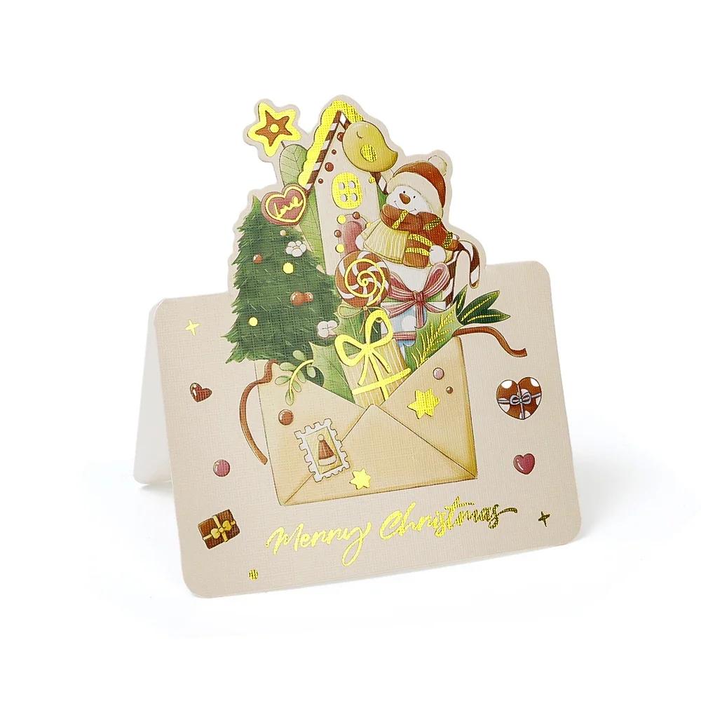 1-12Pcs Christmas Greeting Cards Cartoon Santa Claus Snowman Folding Postcard Christmas Birthday New Year Gifts Wrap Supplies