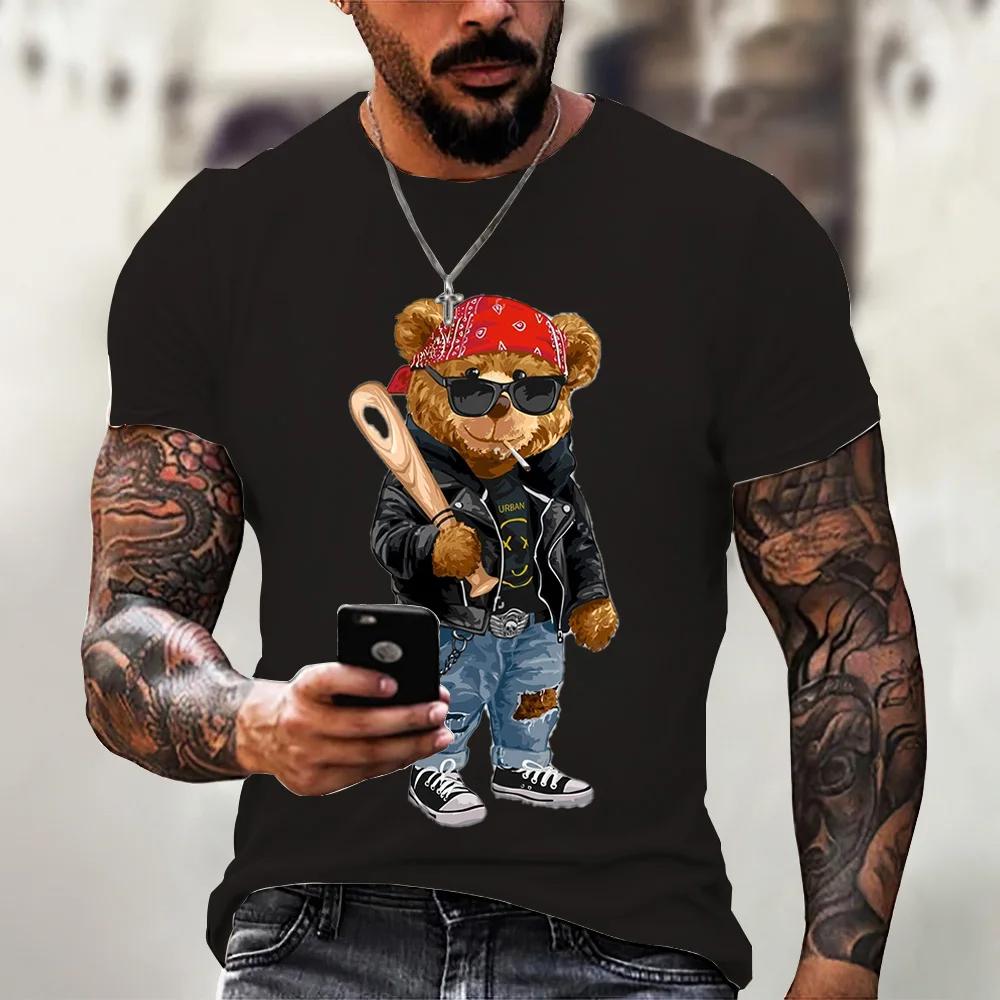 Camiseta casual masculina de verão com estampa fofa de ursinho de pelúcia, gola redonda, confortável e respirável, top casual urbano para atividades ao ar livre