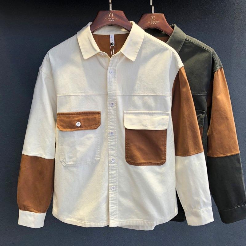 

Men s Color Block Long Sleeve Button Up Shirt Casual Loose Fit Pocket Design Workwear Style Top for Daily Wear S бежевый