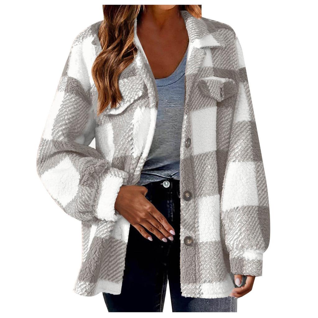 Plaid Pattern Button Front Teddy Coat, Peplum Long Sleeve Winter Warm Coat, Women's