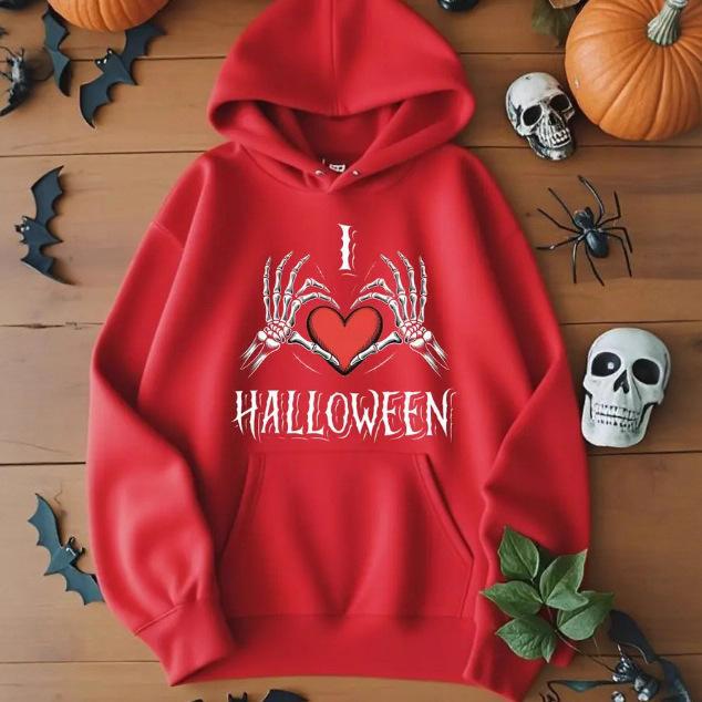 Ladies Spring Autumn Casual Hooded Long Sleeve Big Pocket Halloween Skull  Bones Printed Pullover Hoodies Sweatshirt Top