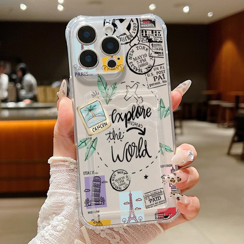 

Чехол с прозрачным слотом для карт и рисунком в виде сердца для iPhone 16 Pro Max 16E 15 Pro 14 13 12 11 Travel Signboard Print, ударопрочный, мягкий, силиконовый, тонкий чехол для телефона iPhone 11 прозрачный/зелёный