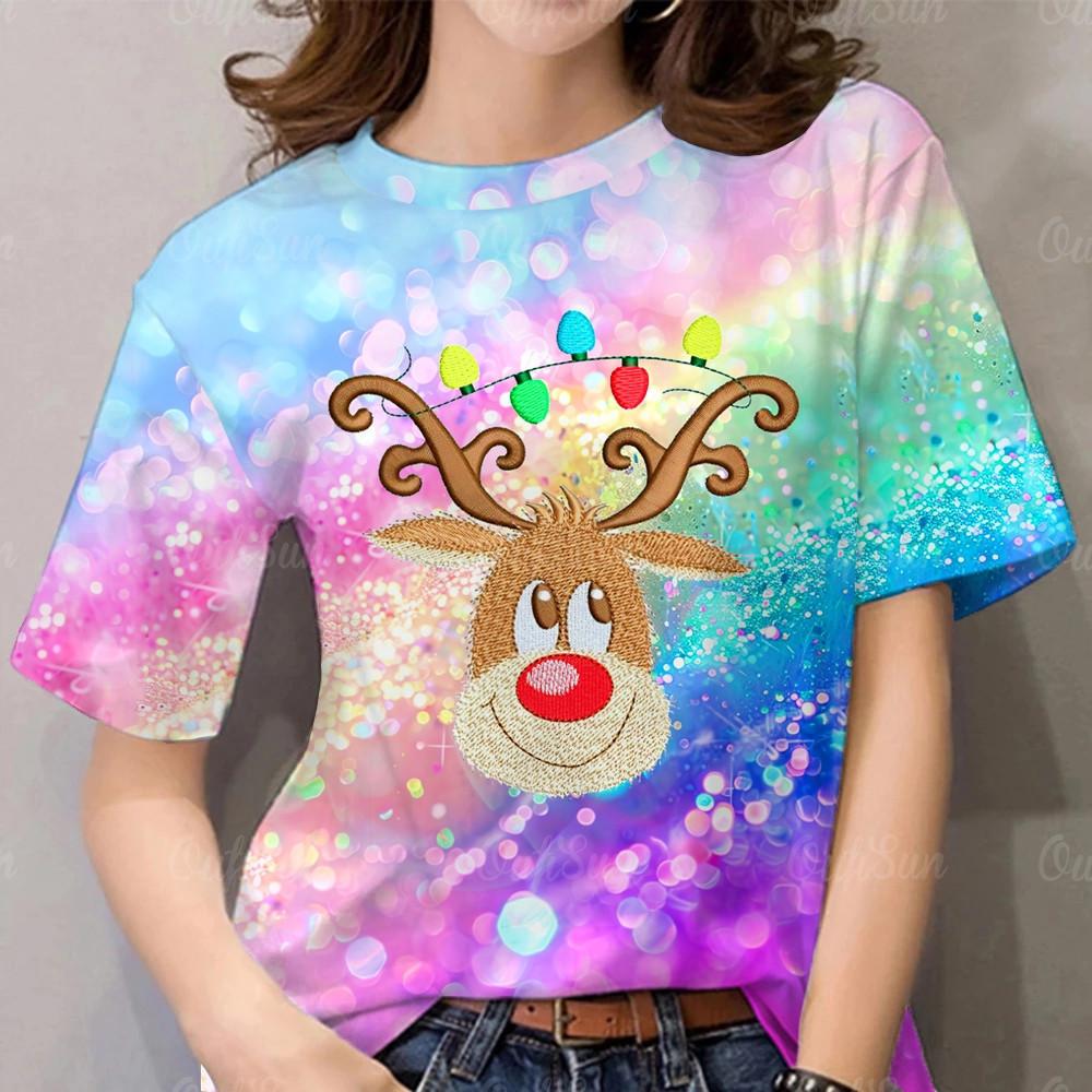 2026 New Christmas Rainbow & Red T-Shirt - Fashionable Full Sublimation Print for Women 3XL
