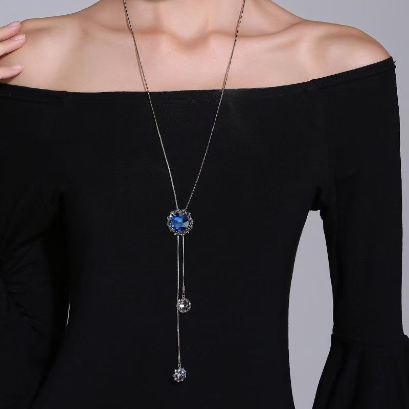 Fashion European and American Blue Crystal Sweater Chain Women's High-end Long Necklace Simple and Versatile Autumn and Winter Pendant