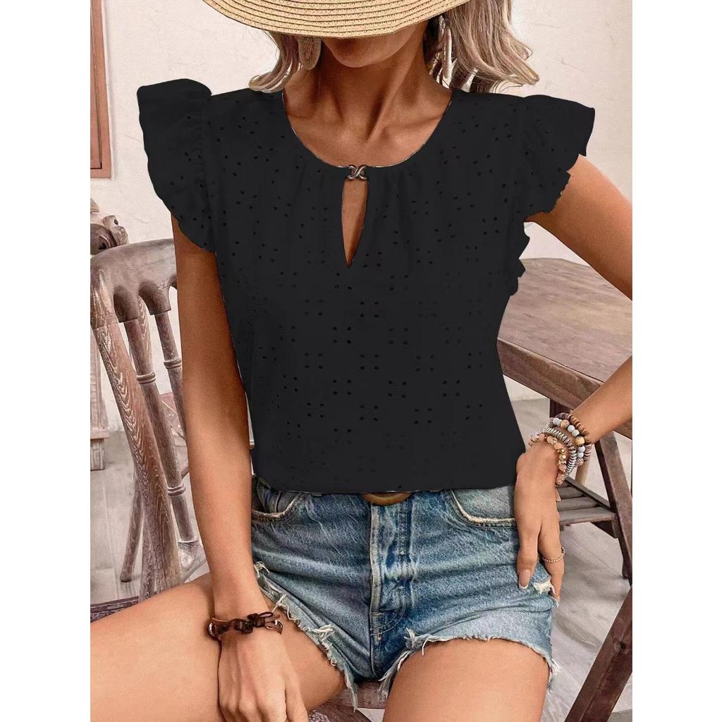 Jacquard V-Neck Push-Up Sleeve Short Sleeve T-Shirt Top,Women's