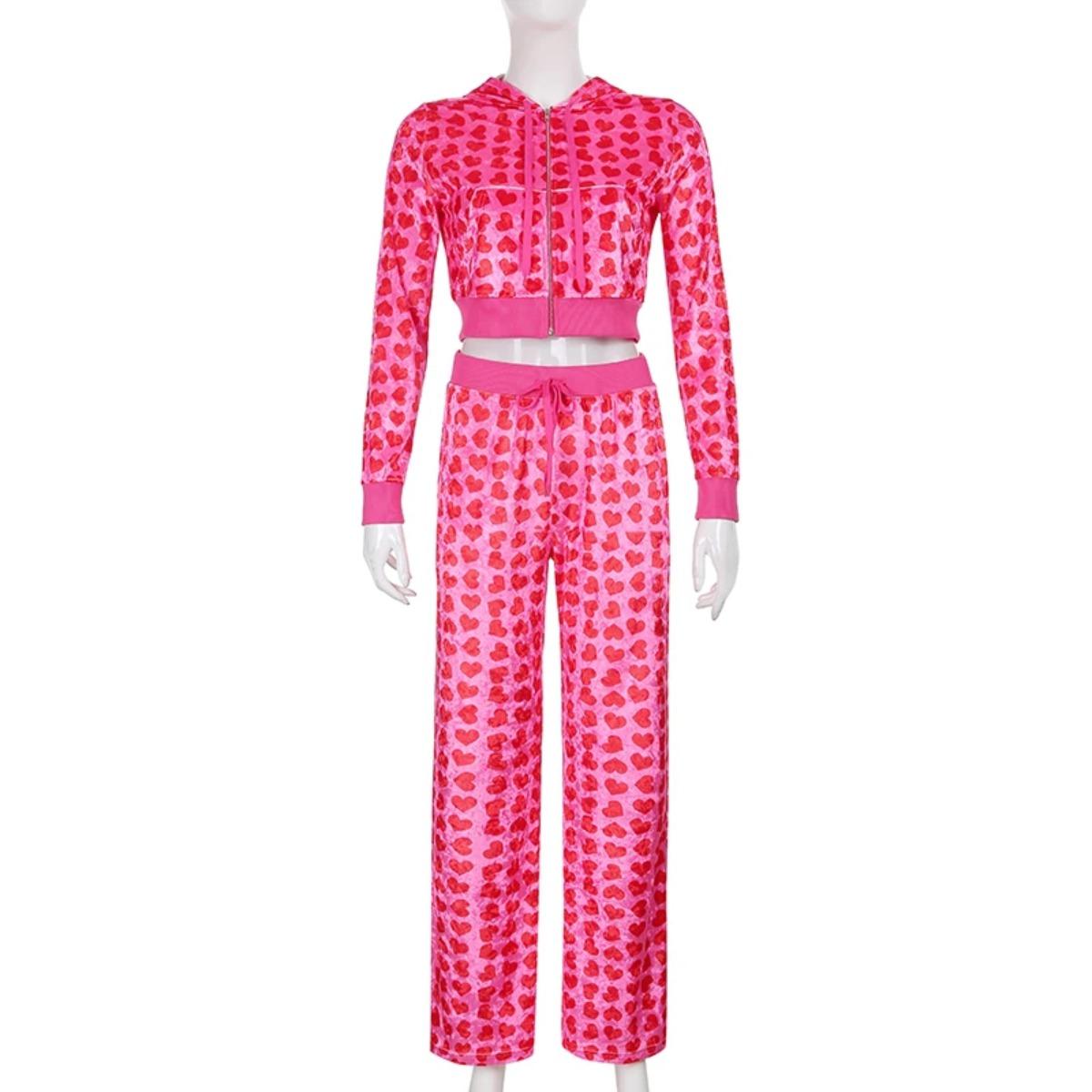 

2KWEIRD Женские розовые укороченные худи на молнии с принтом сердечек Y2K с длинным рукавом, укороченные свитшоты, пальто, куртка E-girl в стиле 90-х, спортивный костюм L розовый