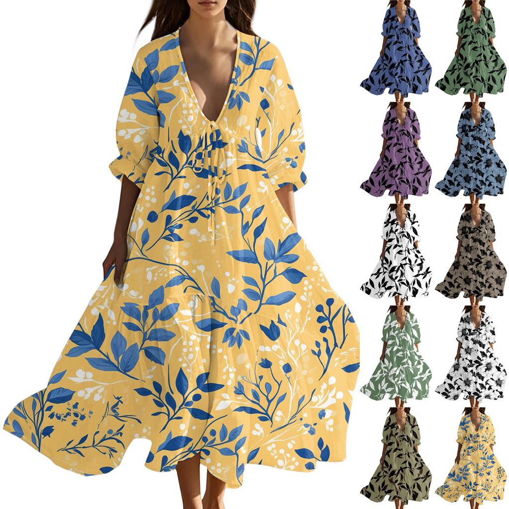 Women's Summer Fashion V-neck Retro Floral Print Short Sleeved Beach Dress With Lace Patchwork Dress