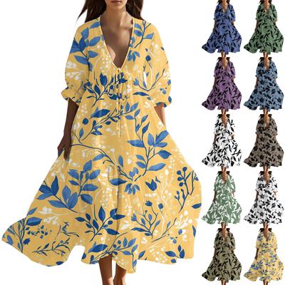 Damen Sommer Mode V-Ausschnitt Retro Blumenmuster Kurzarm Strandkleid Mit Spitze Patchwork Kleid
