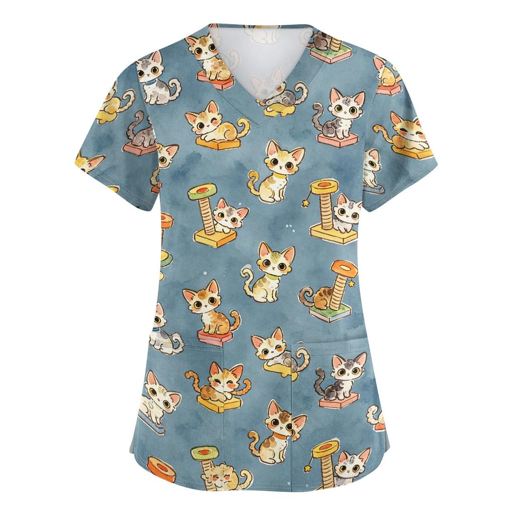 Womens V Neck Short Sleeve Work Shirt with Pockets Animal Print Top Medical Uniform Scrub Tee for Healthcare Professionals