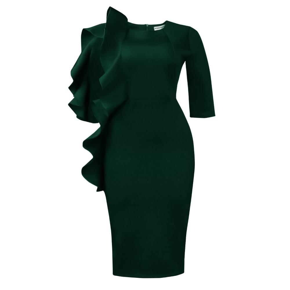 Women's Round Neck Three Quarter Sleeve Pencil Midi Dress High Waist Elegant Ruffle Bodycon Dress