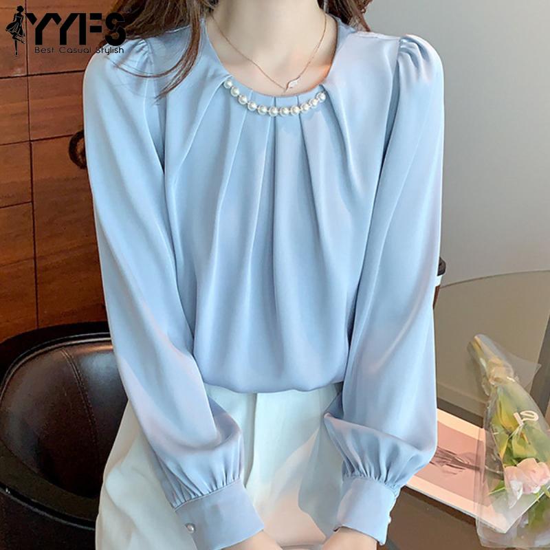 

YYFS Жіноча мода повсякденна весна осінь одноколірні блузки та сорочки з довгим рукавом і круглим вирізом з принтом S синій