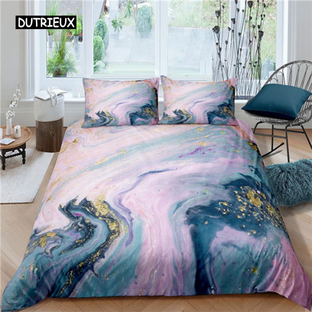 Schicker Marmor-Bettbezug aus Mikrofaser, Mint, Gold, Glitzer, Türkis, Bettwäsche-Set, abstrakt, Aquablau, Bettbezug für Einzelbett, Doppelbett, volle Größe