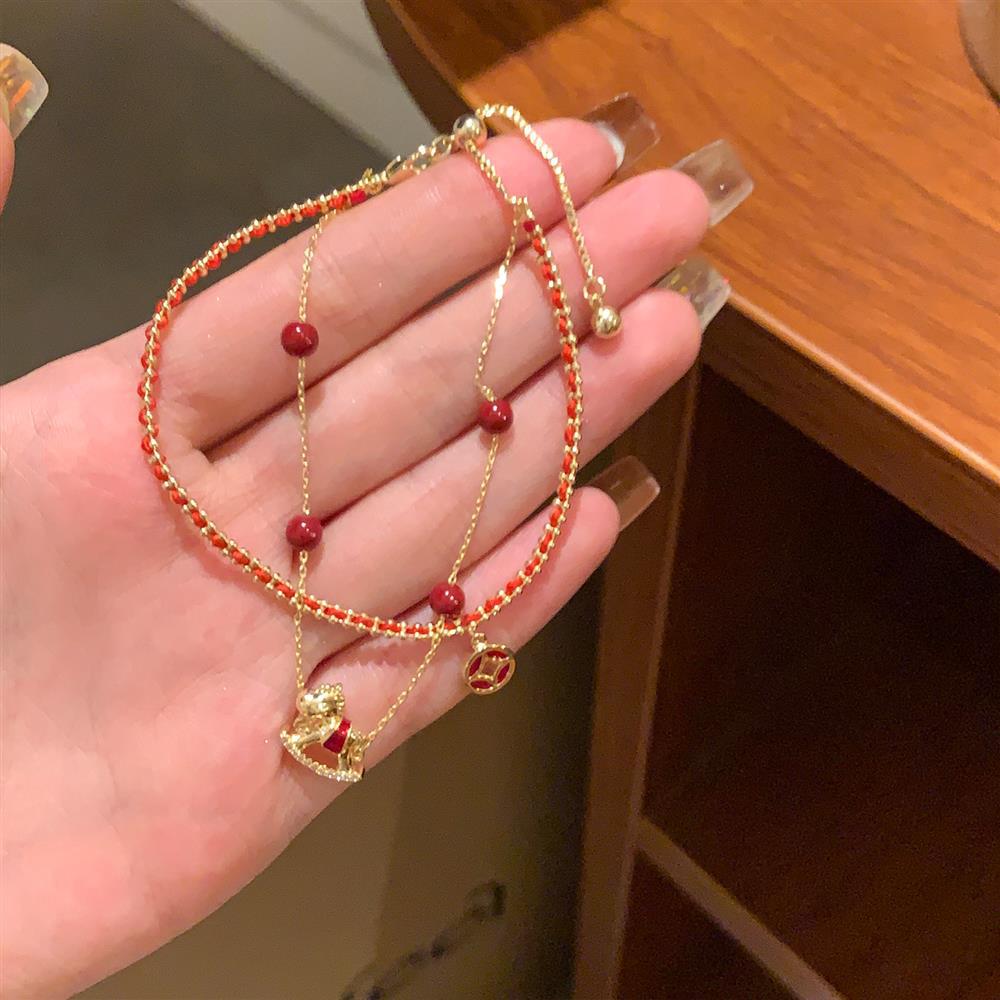 18k Gold Plated Zircon Double Layer Horse Bracelet - Chinese Retro Style with Woven Rope