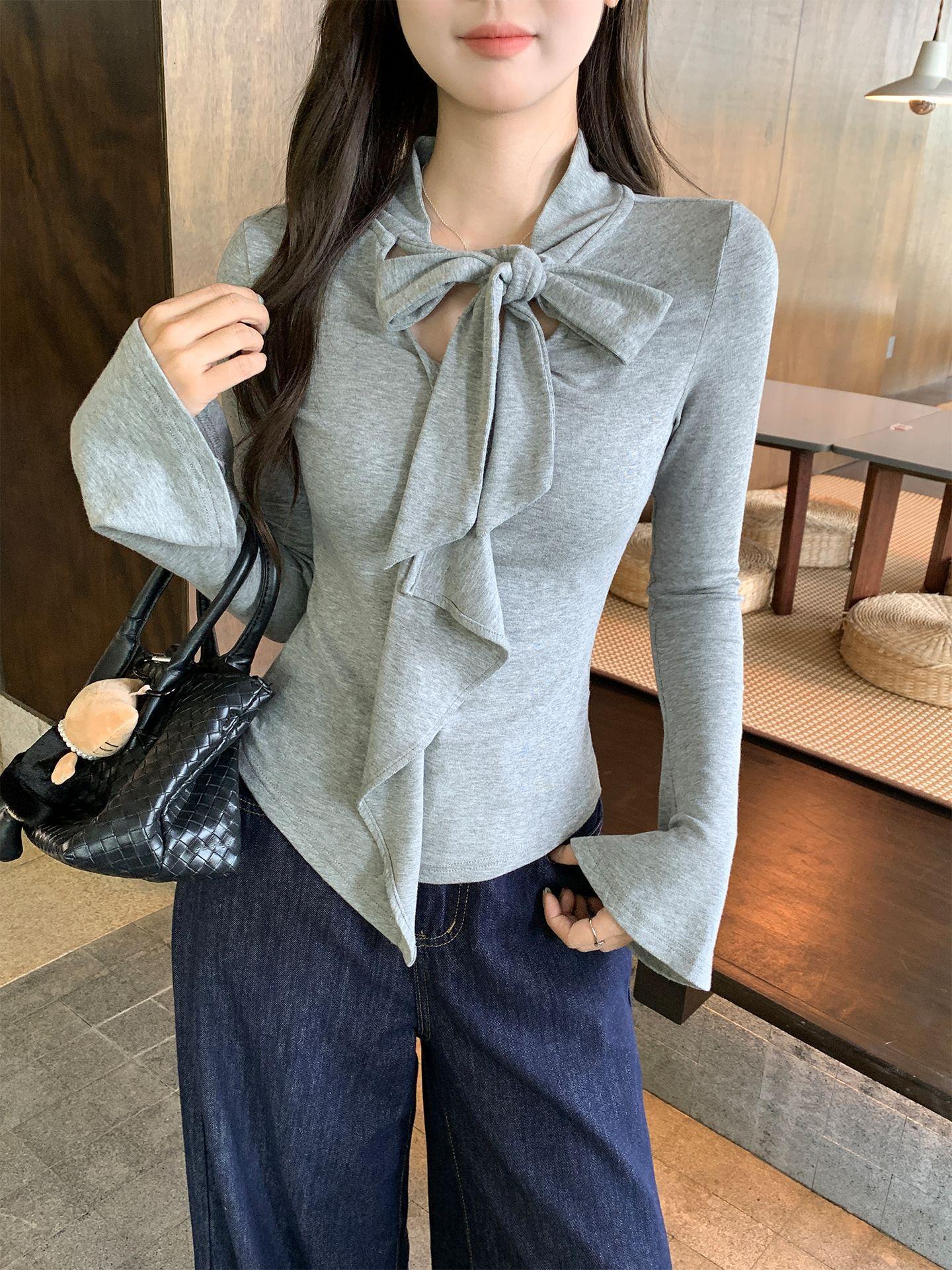 

Solid color irregular hem design sense long-sleeved knitted T-shirt women s autumn lace-up with bottoming shirt inner top S