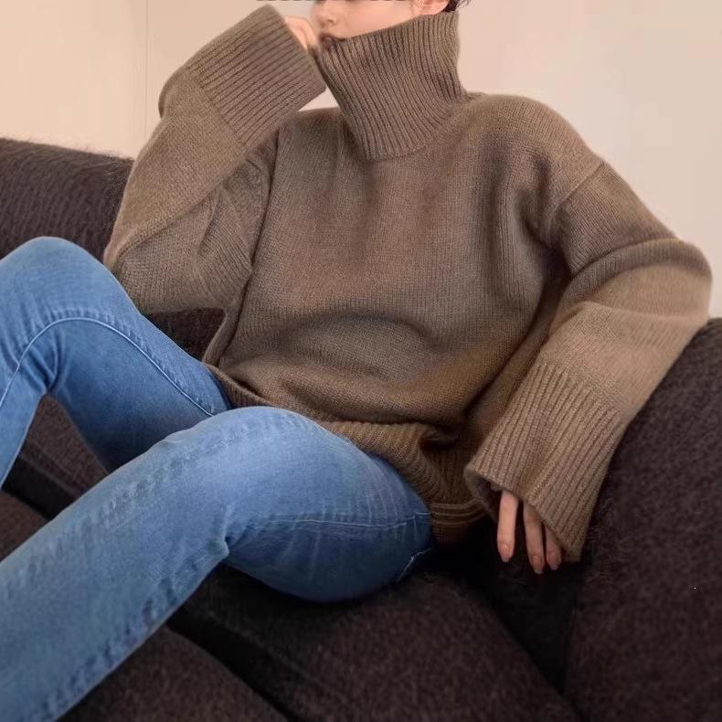 Gray High Collar Women's Knit Sweater: 2026 Autumn/Winter Loose, Thickened, Lazy Korean Style Base Layer
