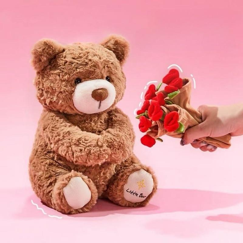 30CM Höhe Romantischer Rosenbär Plüschtiere Abnehmbare Rosendecke Bouquet Bärenpuppe Liebliche Begleitpuppe Süßes Geschenk für Mädchen
