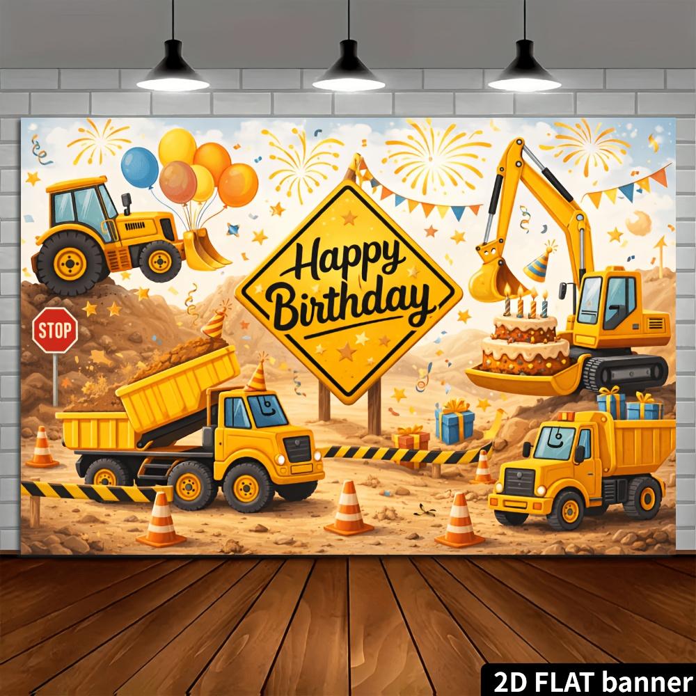 Sfondo striscione per festa di compleanno a tema veicoli da cantiere con bulldozer escavatori camion ribaltabili e altri da cantiere