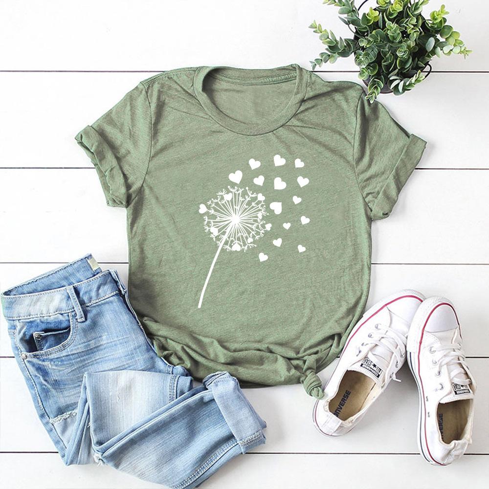 Cotton Loose Round Neck Creative Dandelion Heart-shaped Short Sleeved Women's T-shirts