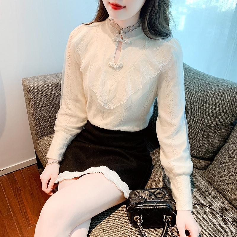 Autumn Winter Fashion New 2024 Long Sleeve Beading Stand Collar Ruffles Apricot Velvet Lace Blouse Shirt Women Tops Blouses Shirts J769