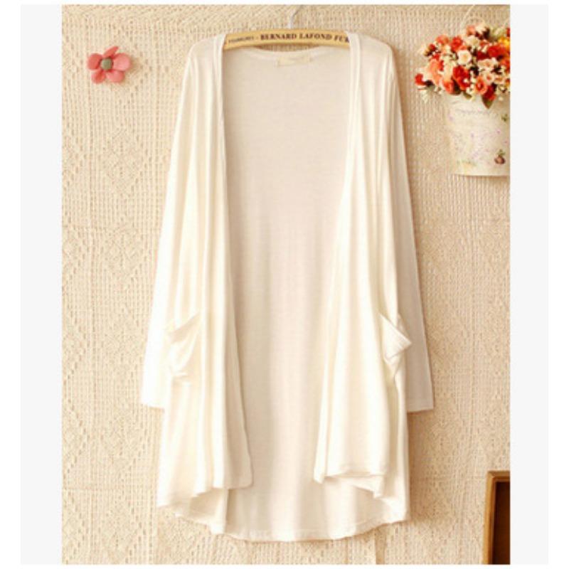 

Весна-лето Модальный женский кардиган с длинными рукавами, солнцезащитная куртка среднего и длинного размера, свободный крой, пляжный костюм с кондиционером, тонкая одинарная куртка One size белый