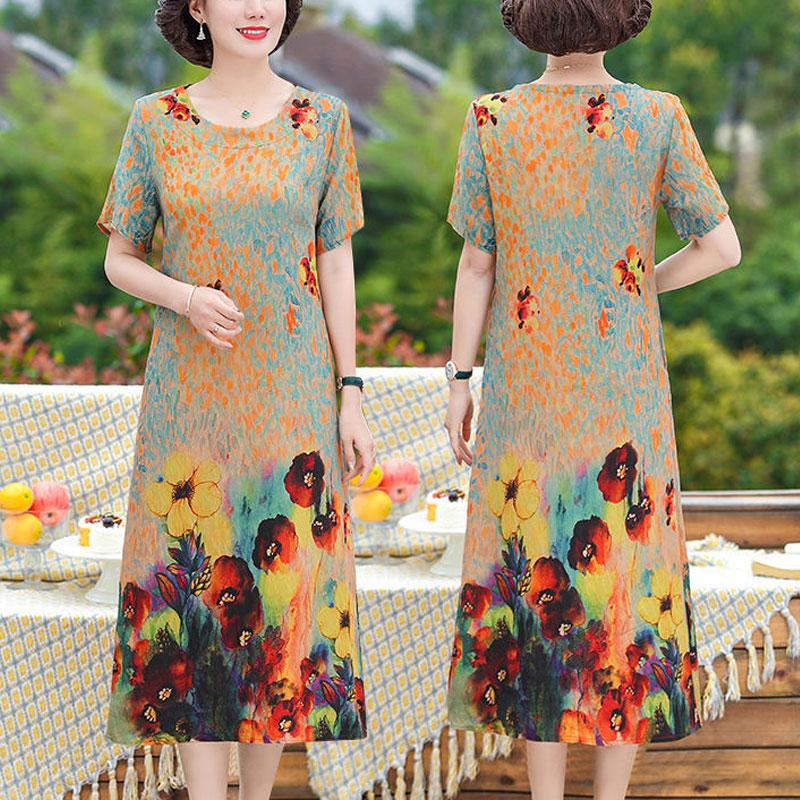 Casual Vintage Floral Printed Midi Dress Folk Female Clothing O-Neck A-Line Summer New Short Sleeve Stylish Spliced Dresses